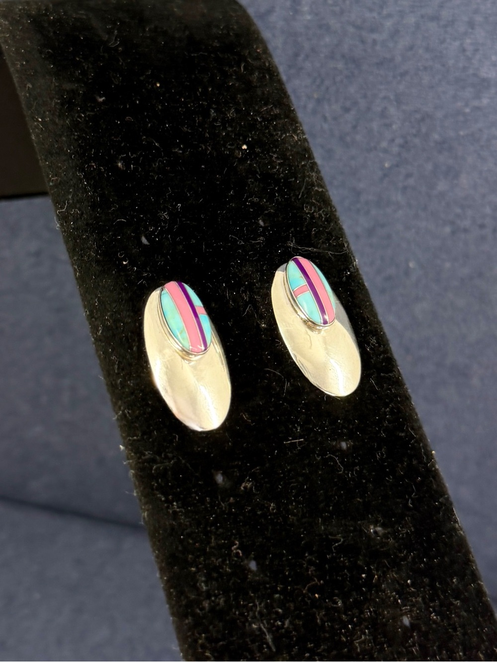 ELLA PETER Navajo Sterling Silver Turquoise Purple Spiny Oyster Post Earrings - Picture 4 of 11